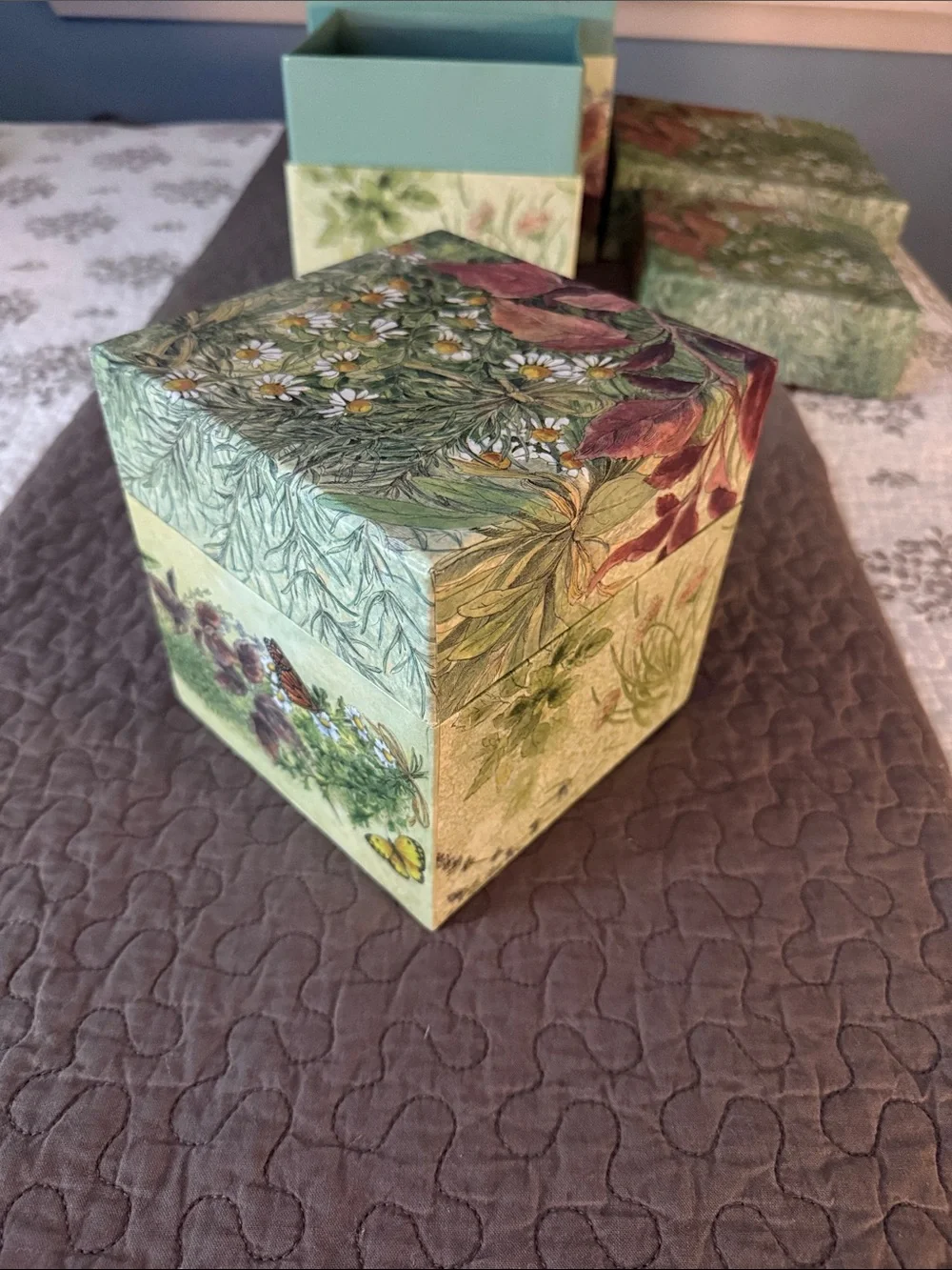 Set of 6 Green Nesting Storage Boxes with Floral Lids